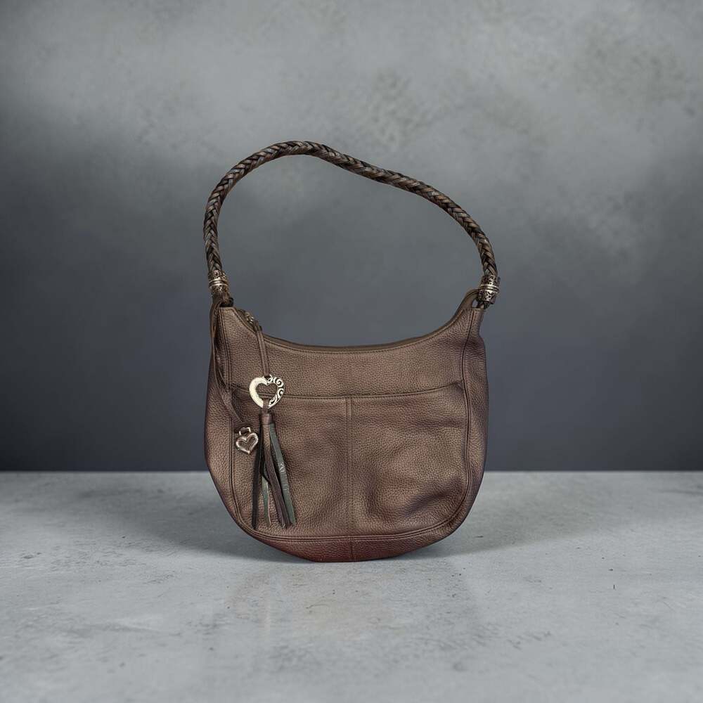 Vintage Brighton Barbados Pewter Metallic Pebbled Leather Zip Hobo Shoulder Bag